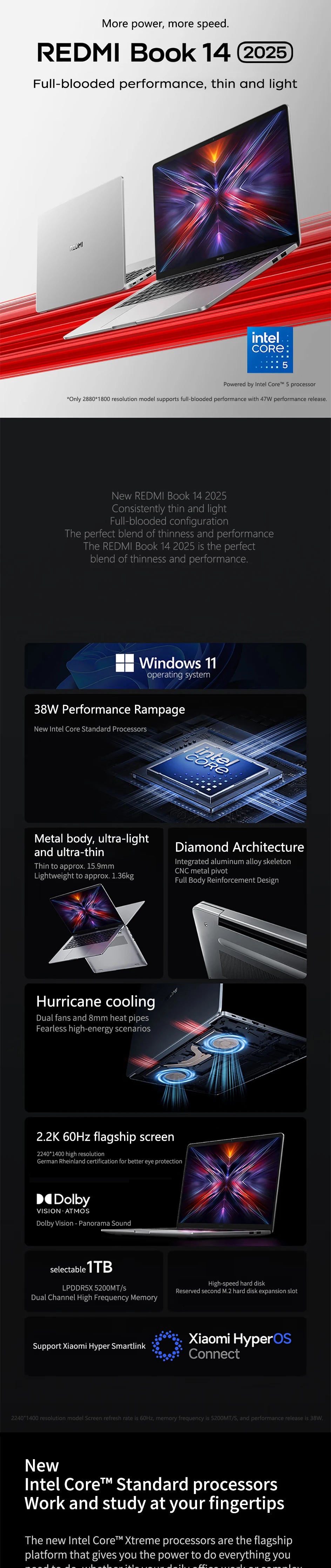 Xiaomi Laptop REDMI Book 14 2025 14" 2.2K Screen Dolby VISION ATMOS Xiaomi Hyper OS Connect New Intel Core 5-210H Notebook PC