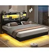 Queen Floating Frame RGB LED Lights ,USB-C/A Power Combo,Linen Upholstered Platform Bed with Storage Headboard