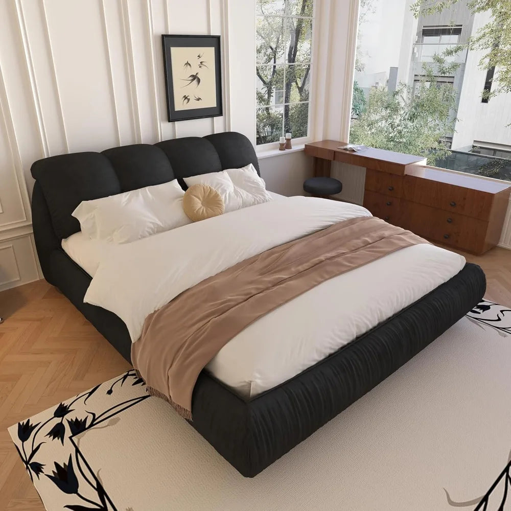 Deluxe king-size upholstered platform bed with upholstered backrest, soft-framed cloud bed, thickened pine slats, metal legs