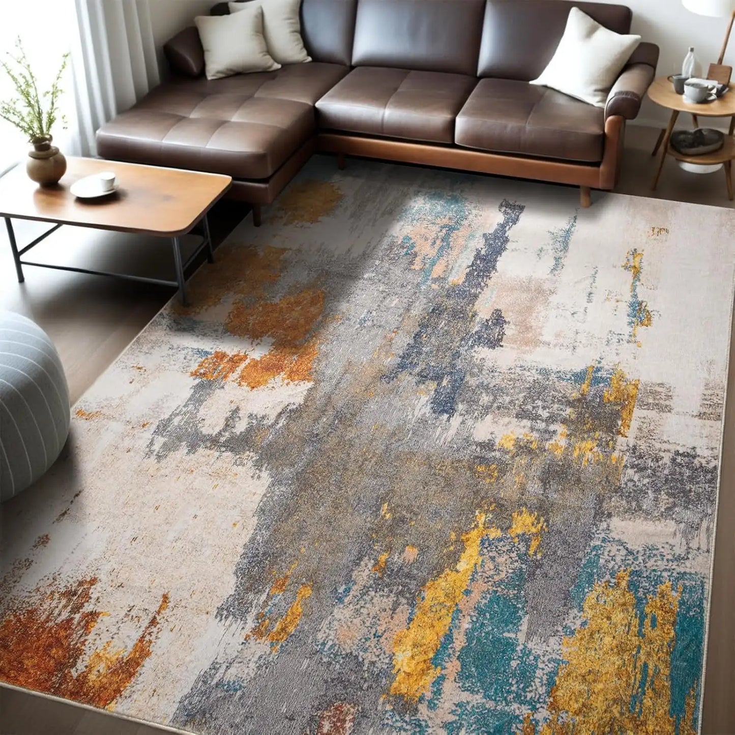 Area Rugs for Living Room, Machine Washable Vintage Rug, Non-Slip Low Pile Throw Rugs with Rubber Backing Washable Carpet