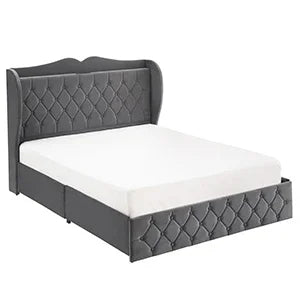 Bed Frame, 4 Storage Drawers and Charging Station Velvet Upholstered Bed with Tall Headboard and Storage Shelf, Bedroom Furnture
