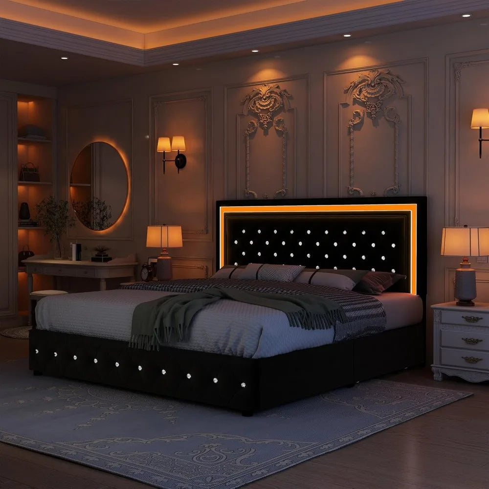 King Bed Frame with LED Lights, Storage Drawers, No Box Spring Needed, 900 lbs Capacity, Easy Assembly, bedroom furniture White
