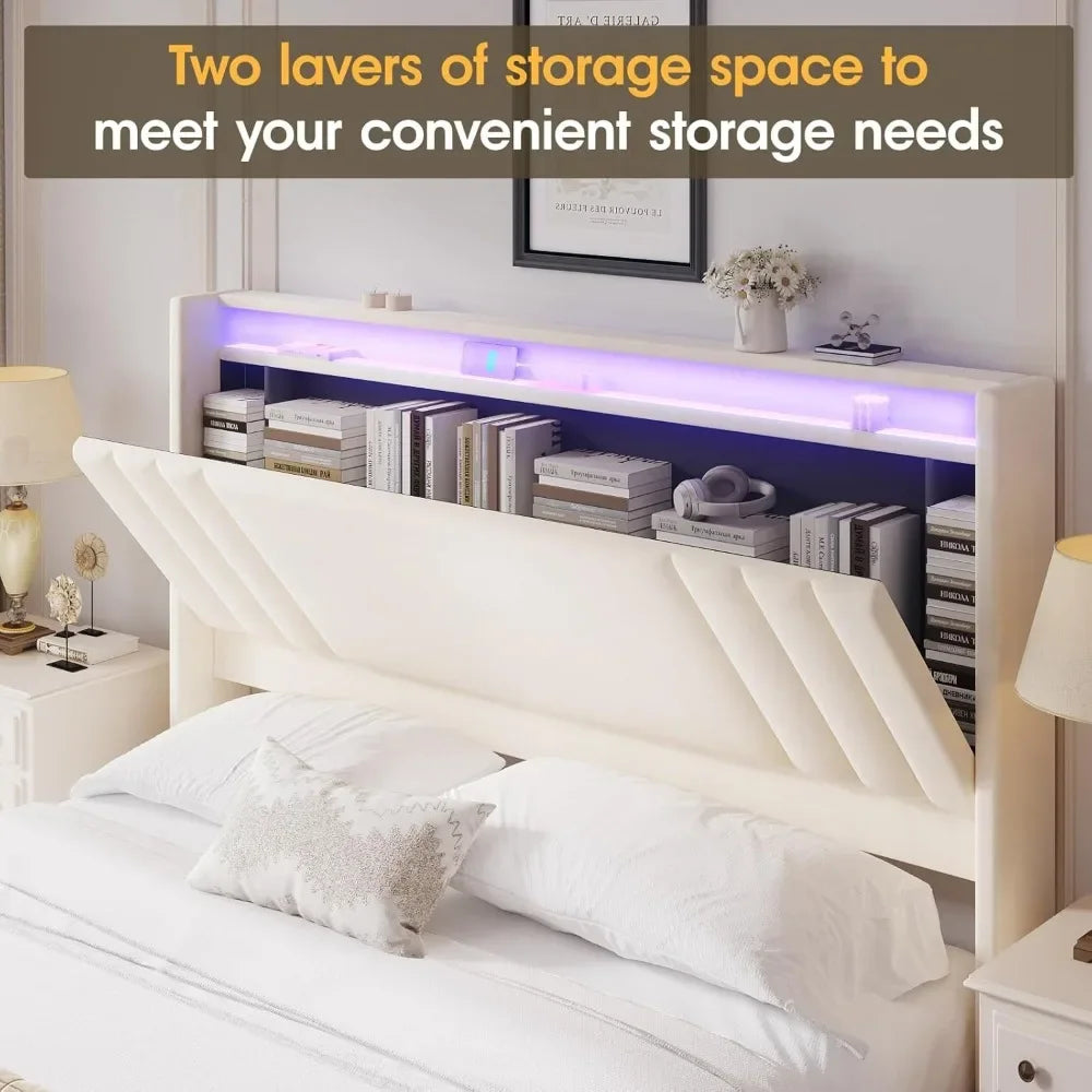 Floating Bed Frame, 50.8" Tall Headboard LED with Charging Station, Metal Platform Bed Frame, Upholstered Platform Beds Home