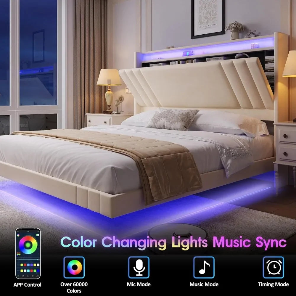Floating Bed Frame, 50.8" Tall Headboard LED with Charging Station, Metal Platform Bed Frame, Upholstered Platform Beds Home