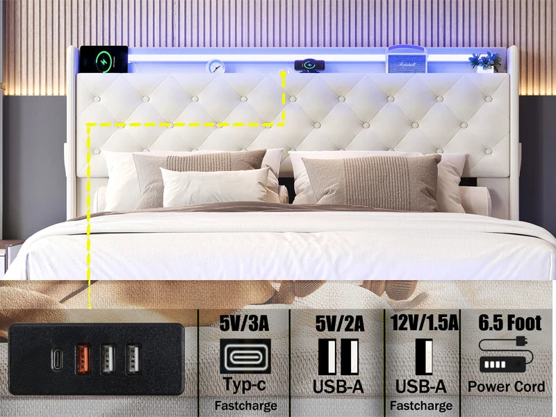 Bed Frame with Charging Station & Led Lights, Upholstered Platform Bed with Button Tufted Wingback Storage Headboard