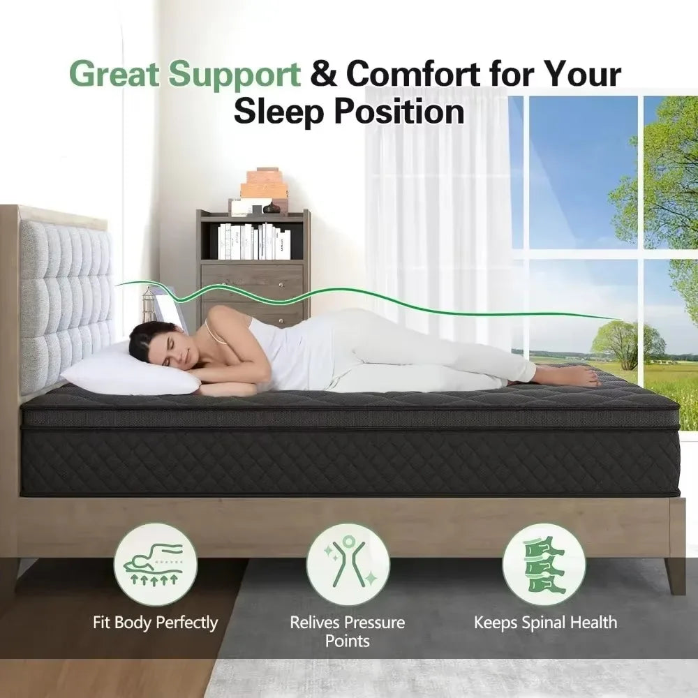Queen Mattress,14 Inch Hybrid Mattress Black,Euro Top Mattress Medium Firm for Back & Lumbar Support,100 Night Trial, Individual