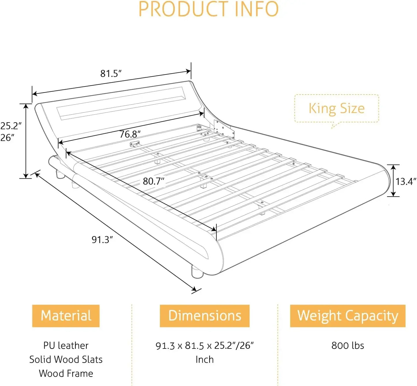 Deluxe Upholstered LED King Bed Frame with Adjustable Headboard - Low Profile Sleigh Design - Strong Wood Slats Support, No Box