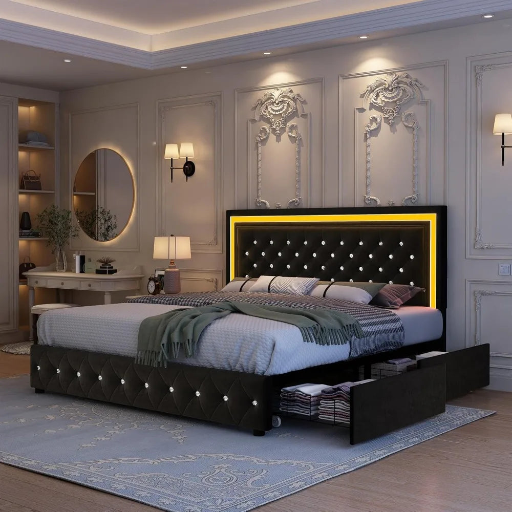 King Bed Frame with LED Lights, Storage Drawers, No Box Spring Needed, 900 lbs Capacity, Easy Assembly, bedroom furniture White