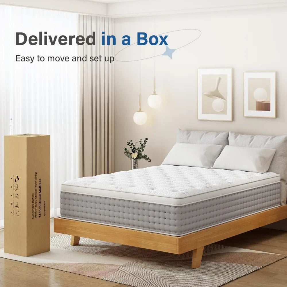 Extra Large Hybrid Mattress 14 "- Memory foam and Pocket Springs Luxury Mattress - Plush Sports Isolation Mattress - Glass Free
