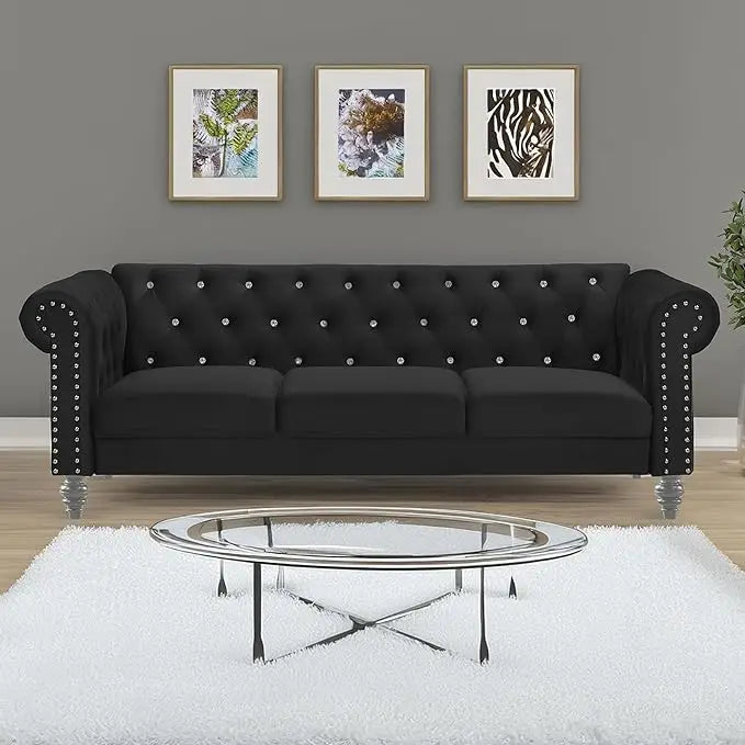 living room sofas Glam Emma Velvet Three Seater Chesterfield Style Sofa for Small Spaces with Crystal Button Tufts sofas