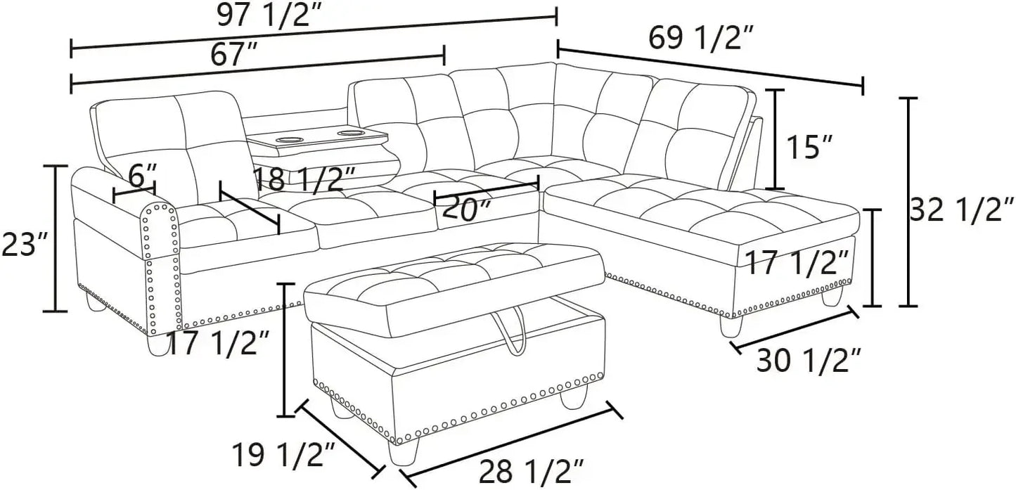 Shaped Sectional Couch with 70" Chaise Lounge, 98" Faux Leather Upholstered Modular Sofas with Right Armrest, Button Tufted