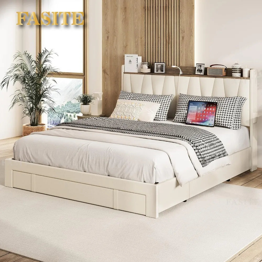 Queen Size Bed Frame with 3 Drawers, Upholstered Platform Beds with Storage Headboard and Charging Station