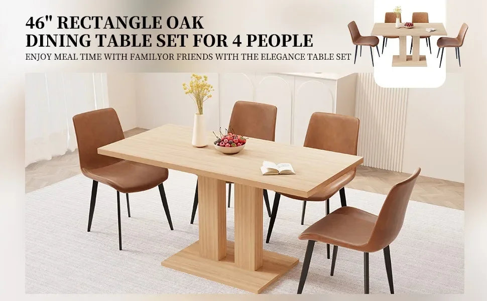 Modern 46'' Kitchen Dining Table and Chairs,5 Piece Rectangular Dining Table Set for Dining Room (Dining Table + 4 Brown Chairs)