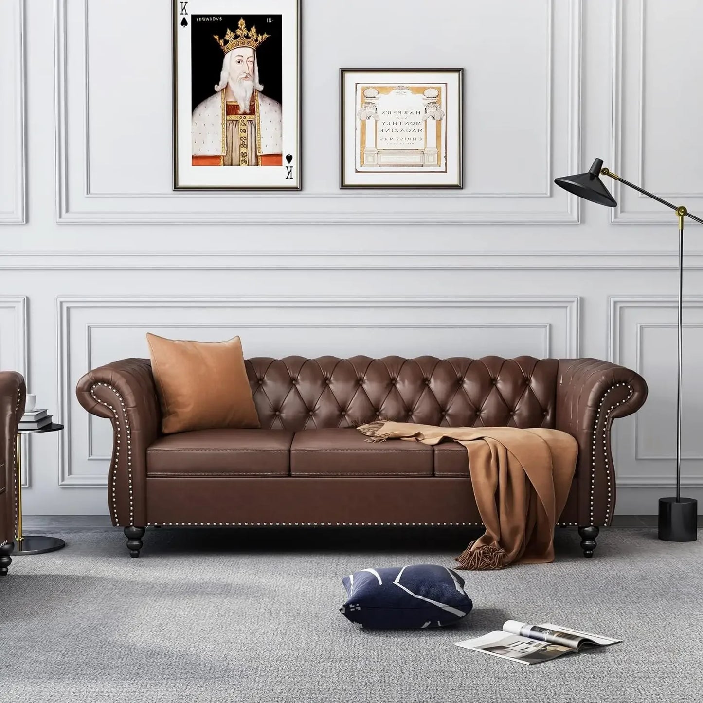 Chesterfield Sofa Leather for Living Room, 3 Seater Sofa Tufted Couch Faux Leather with Rolled Arms and Nailhead for Living Room