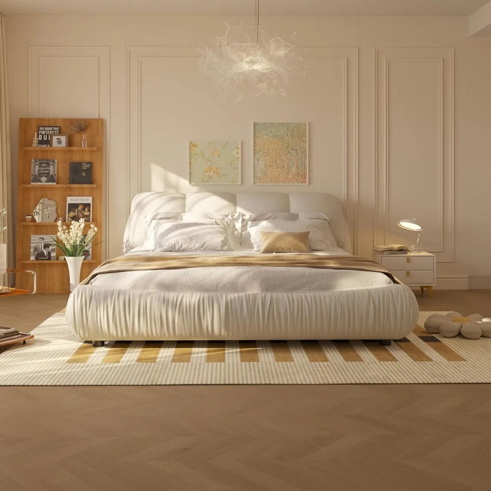 Deluxe king-size upholstered platform bed with upholstered backrest, soft-framed cloud bed, thickened pine slats, metal legs
