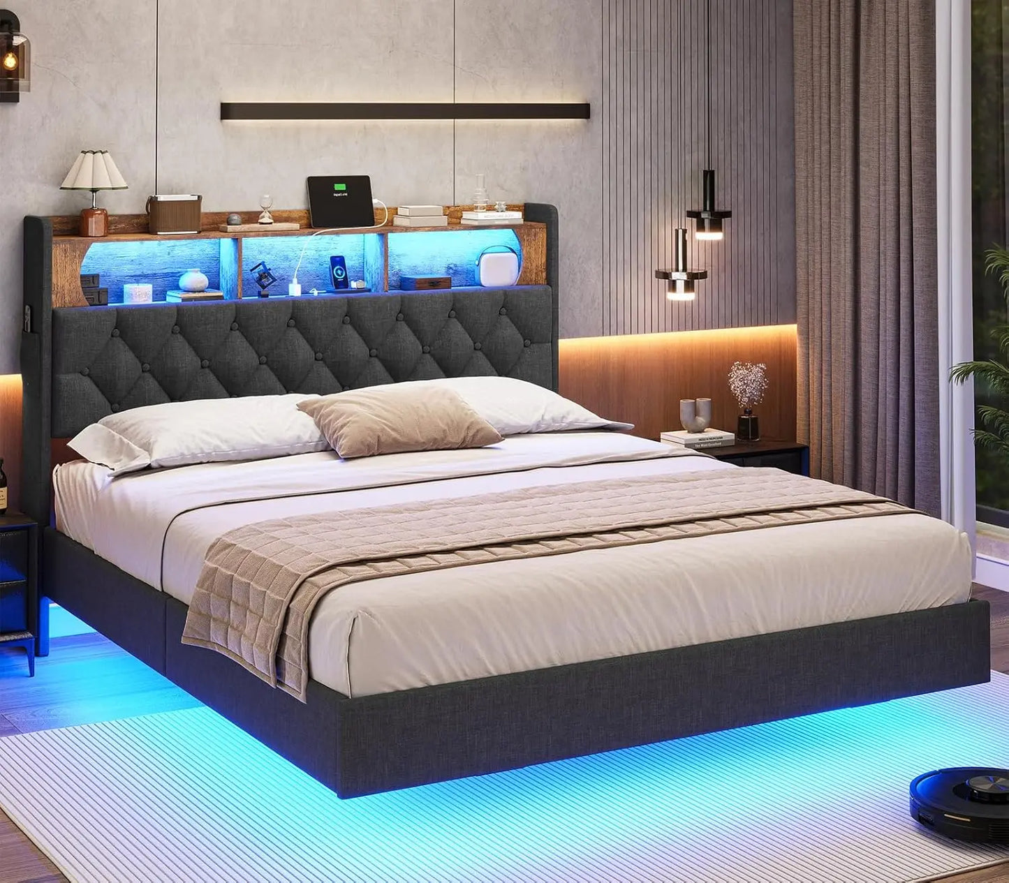 Full Bed Frame with LED Lights & Storage Headboard, Floating Platform Bed with Charging Station, Modern LED Floating Bed