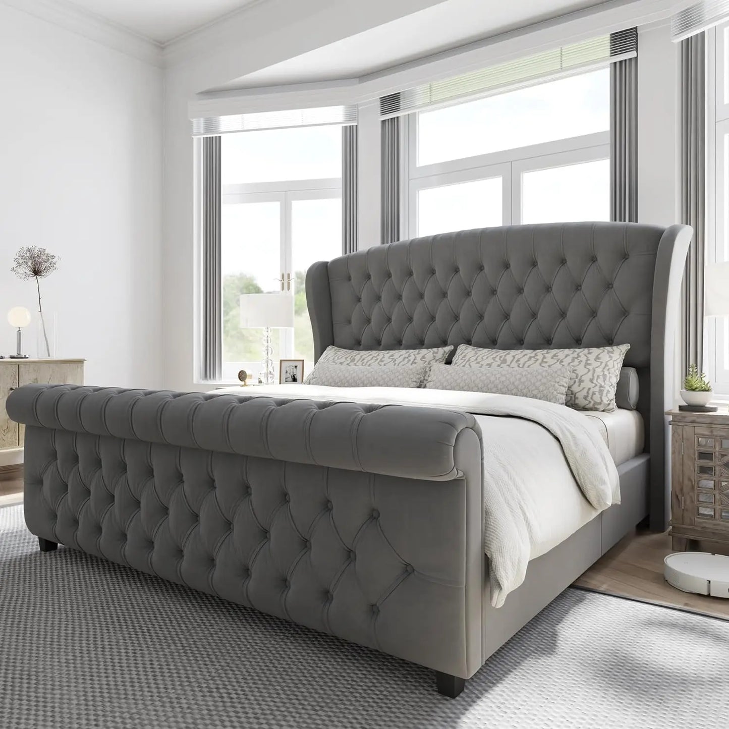 Queen Size Platform Bed Frame, Velvet Upholstered Sleigh Bed with Scroll Wingback Headboard & Footboard/Button Tufted Grey