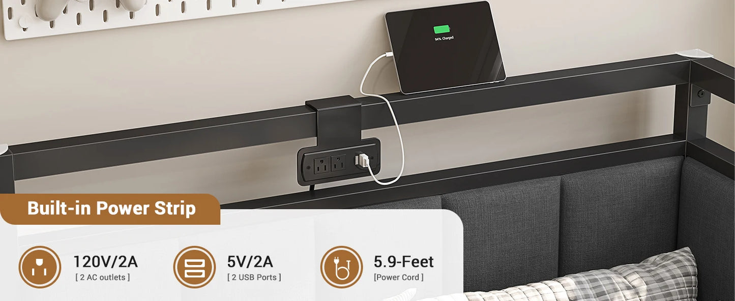 Modern Corner Bed Frame with LED Lights and Charging Station, Double Bed with Storage Space