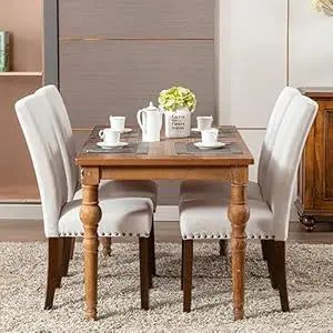 Upholstered Parsons Dining Chairs Set of 4, Fabric Dining Room Kitchen Side Chair with Nailhead Trim and Wood Legs - Beige
