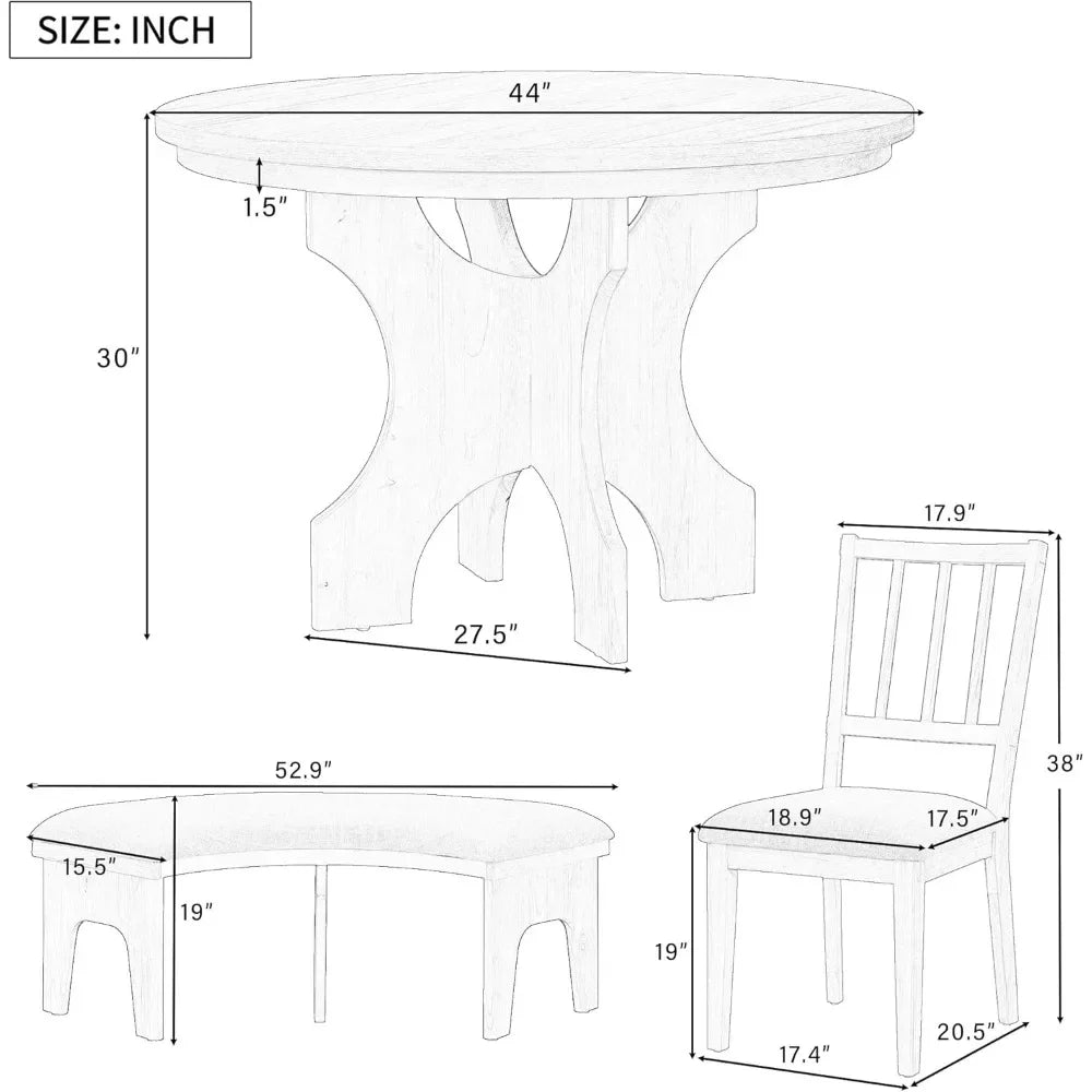 5-Piece Dining Table Set with Curved Bench & 3 Chairs Retro Round Dining Table Set