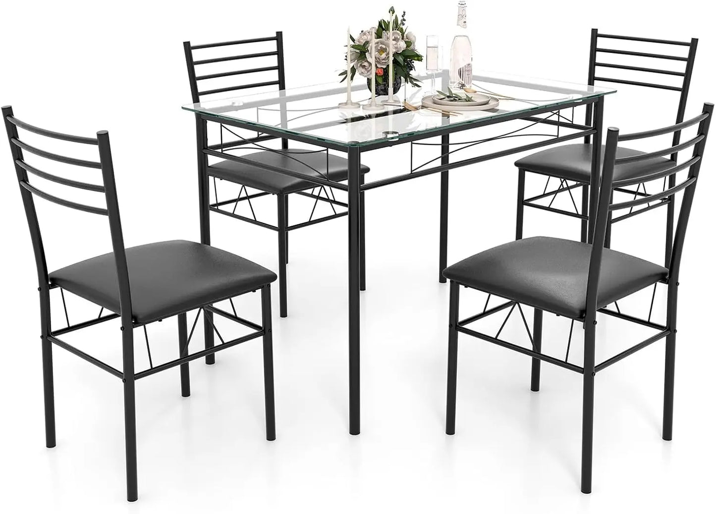 5-piece 4-person Dining Table Set, Imitation Marble Kitchen Table and Chairs 4-piece Set, Metal and Wooden Dining Table Set