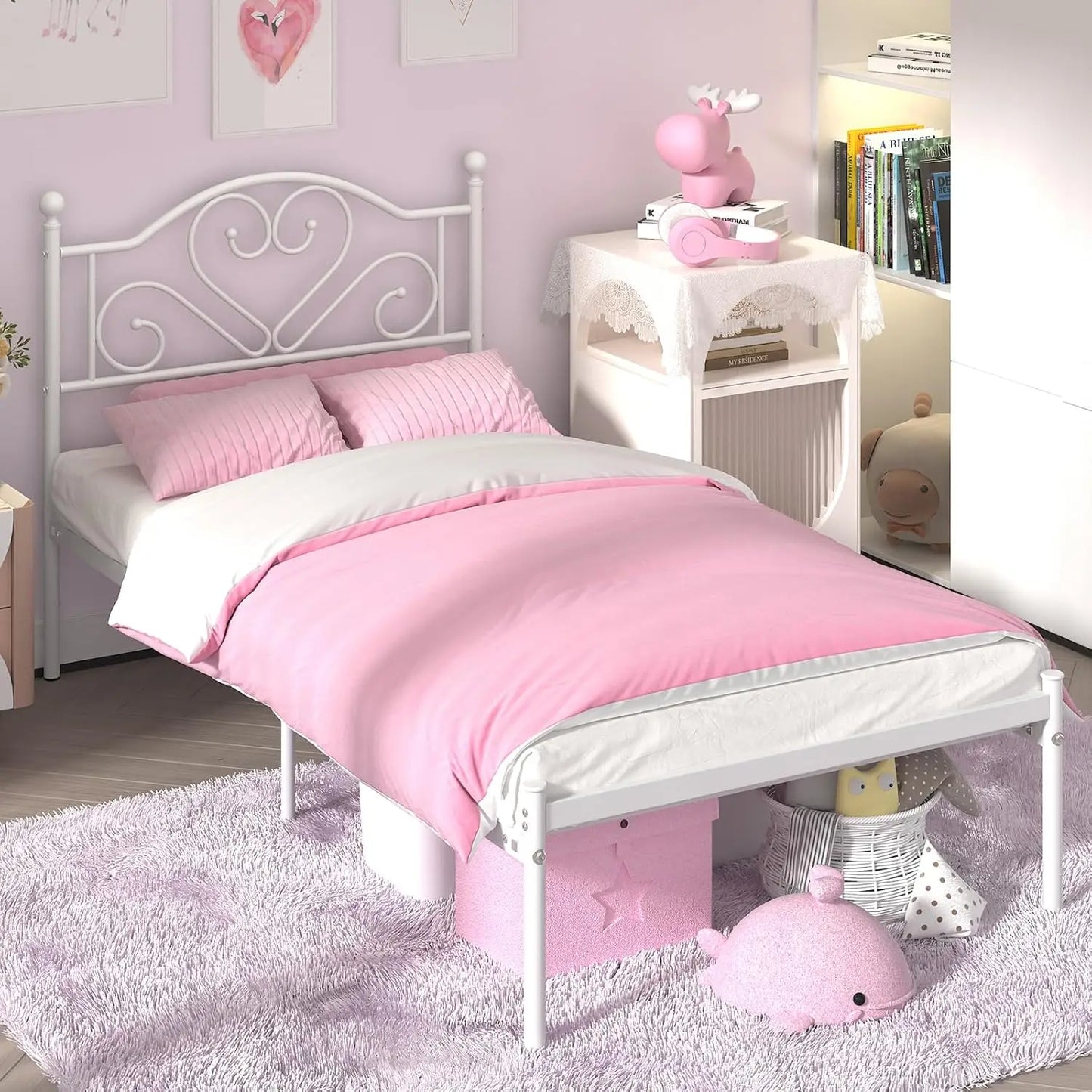 Full Size Bed Frame with Headboard, Heavy Duty Steel Slat Support Platform Under Bed Storage Space No Box Spring Needed, White