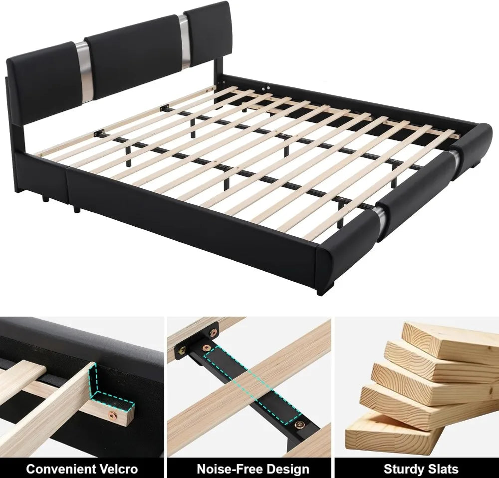 Queen Modern Faux Leather Upholstered Bed Frame with Adjustable Headboard, LED Lights,Low Profile Platform Bed with Iron Piece