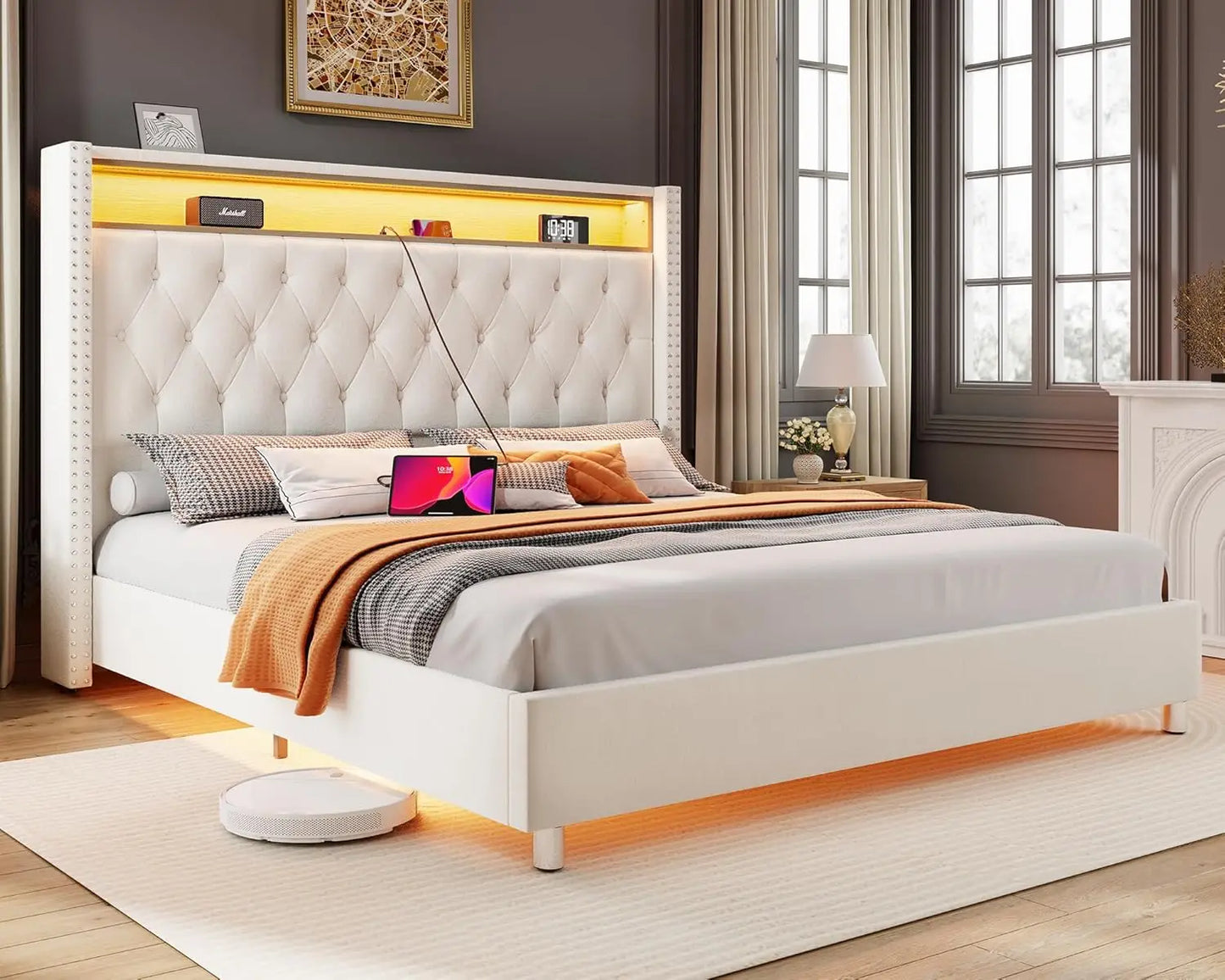 King Bed Frame with Headboard LED Lights and Charging Station, Velvet Tall Upholstered Platform Bed Storage No Box Spring Needed