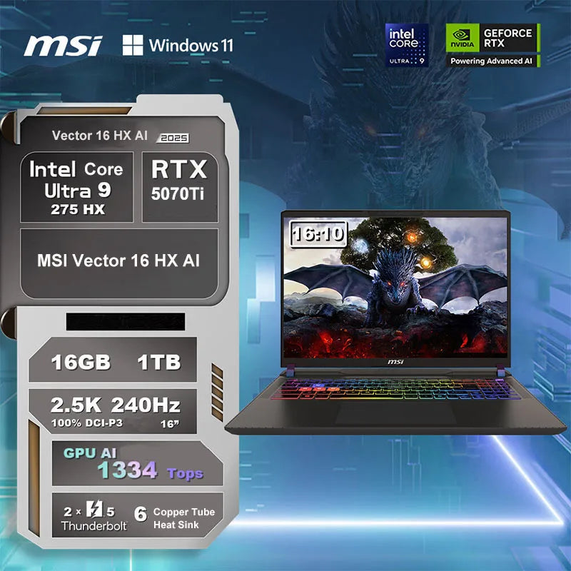 2025 MSI Vector 16 HX AI Gaming Laptop 16 Inch 2.5K 240Hz IPS Screen Netbook Ultra 9-275HX 32GB 1TB RTX5070Ti Netbook Computer