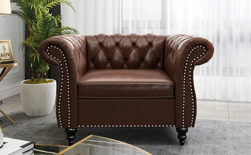 2-piece Living Room Set, Chesterfield Leather Double Sofa with Scroll Armrests and Nail Heads
