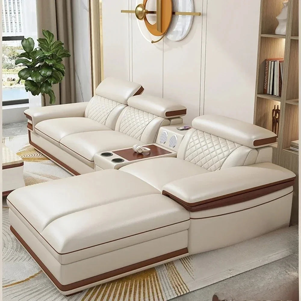 MINGDIBAO Premium Italian Genuine Leather Sofa Set for Living Room with Adjustable Headrests, Bluetooth Speaker, Wireless Charge