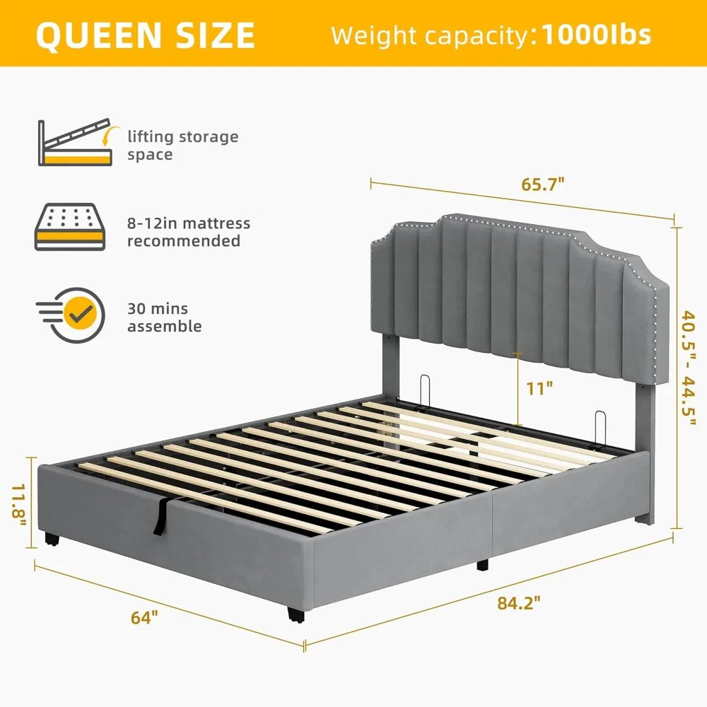 Queen size elevated storage bed frame with adjustable upholstered platform headboard, sturdy wood slats and metal base support