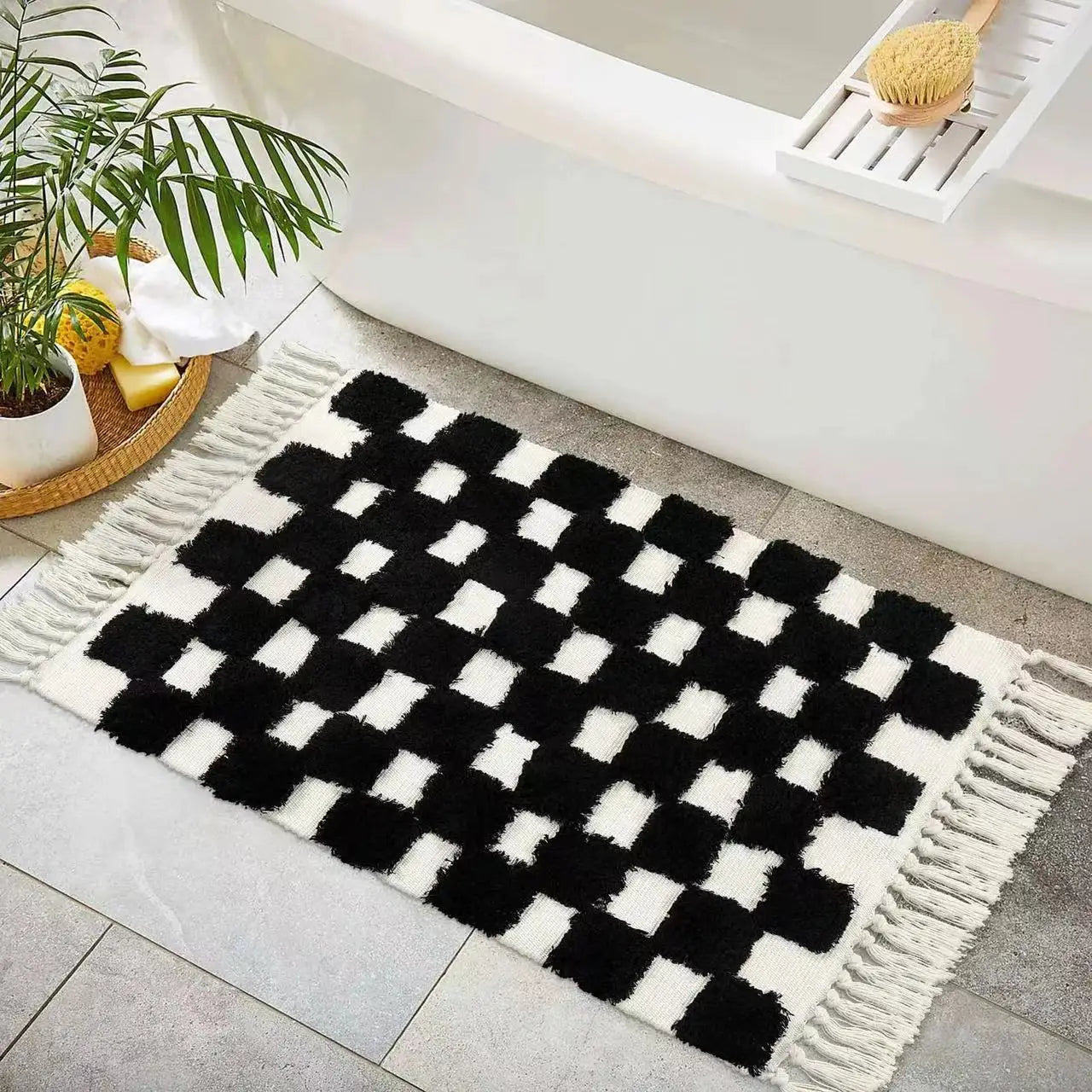 Vintage Nordic Style Cotton Linen Handmade Tassel Area Rug Checkerboard Tufted Floor Bedside Mat Living Room Bedroom Tapestry