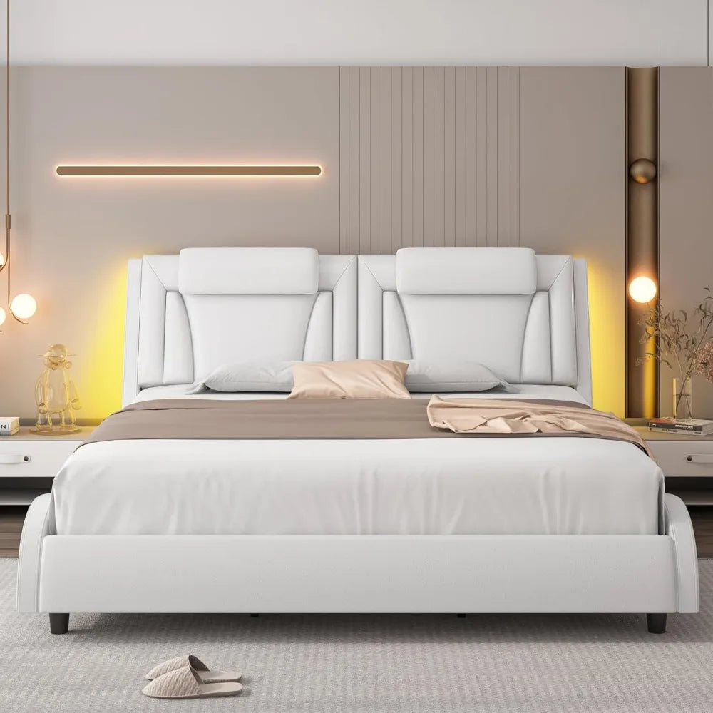 Upholstered Bed Frame, Adjustable LED Headboard, Pu Leather Platform Bed with Wave-Like Curve Design and Solid Wooden, Queen Bed