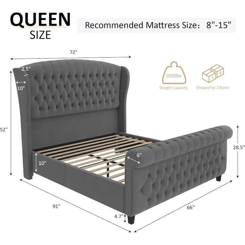 AMERLIFE King Size Platform Bed Frame, Chenille Upholstered Sleigh Bed with Scroll Wingback Headboard & Footboard/Button Tufted