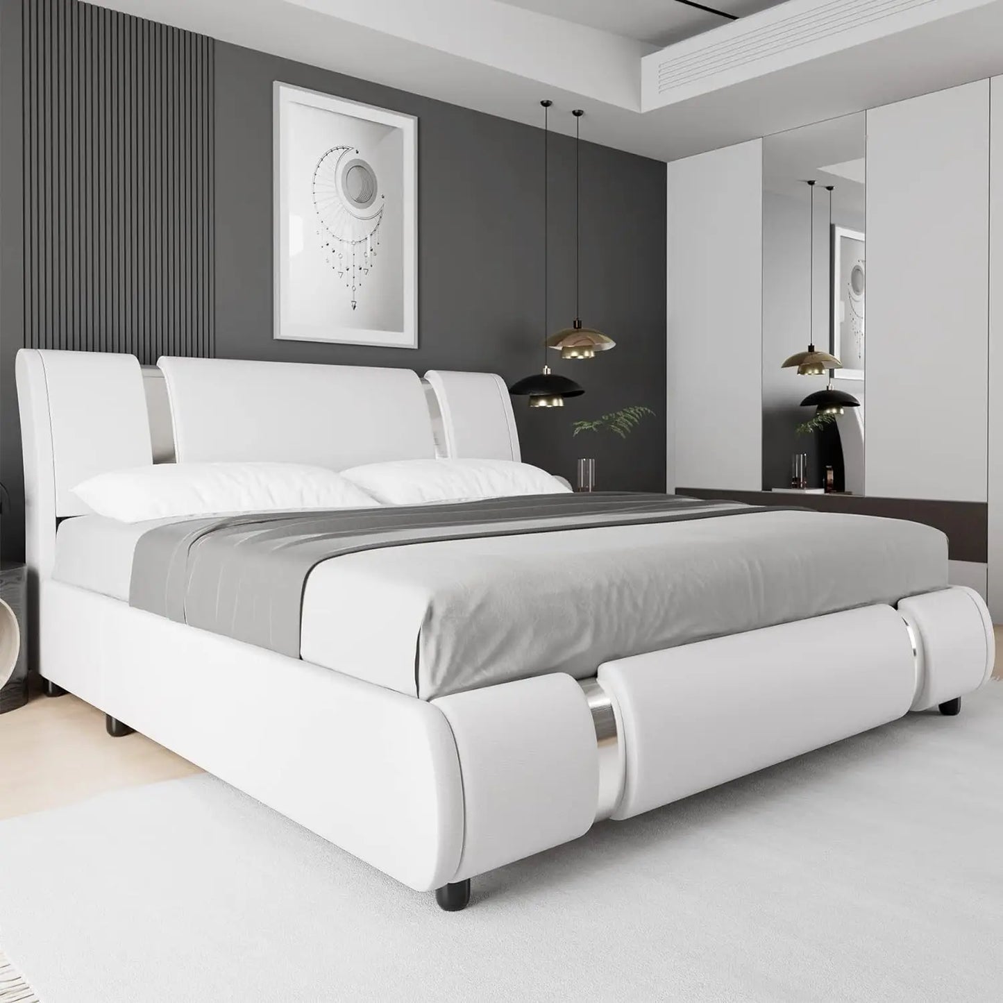 Modern Faux Leather Upholstered Platform Bed Frame with Golden Iron Metal Decor, Adjustable Curved Headboard, Queen Size, White