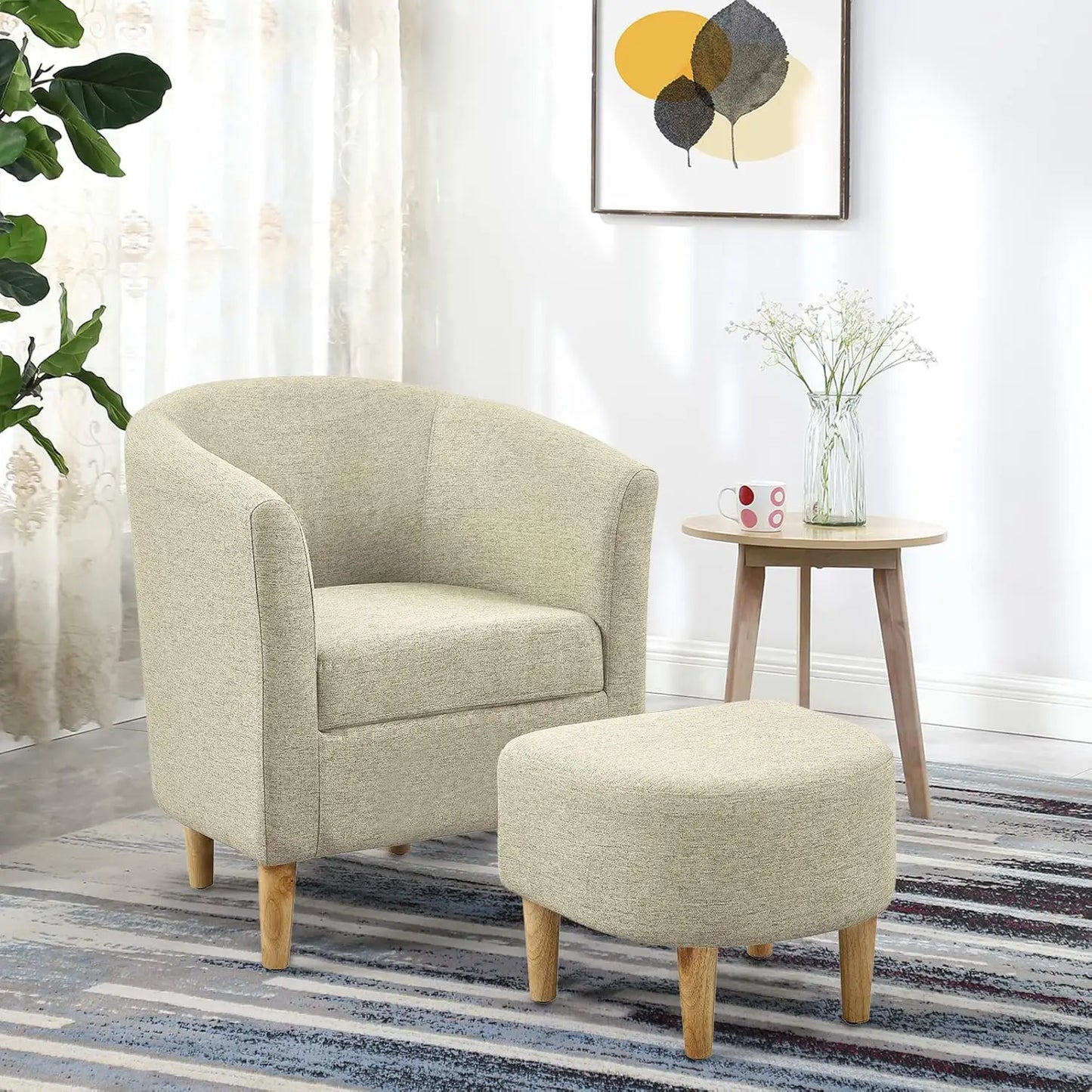 Accent Chair, Sherpa Chair White Fluffy Chair Teddy Barrel Chair with Ottoman Comfy ArmChair Footrest Set