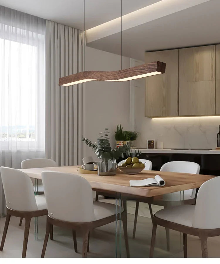 Modern Walnut Led Long Pendant Lights for Kitchen Island Dining Room Study Room Hanging Lamp Ceiling Chandeliers Wood Wooden