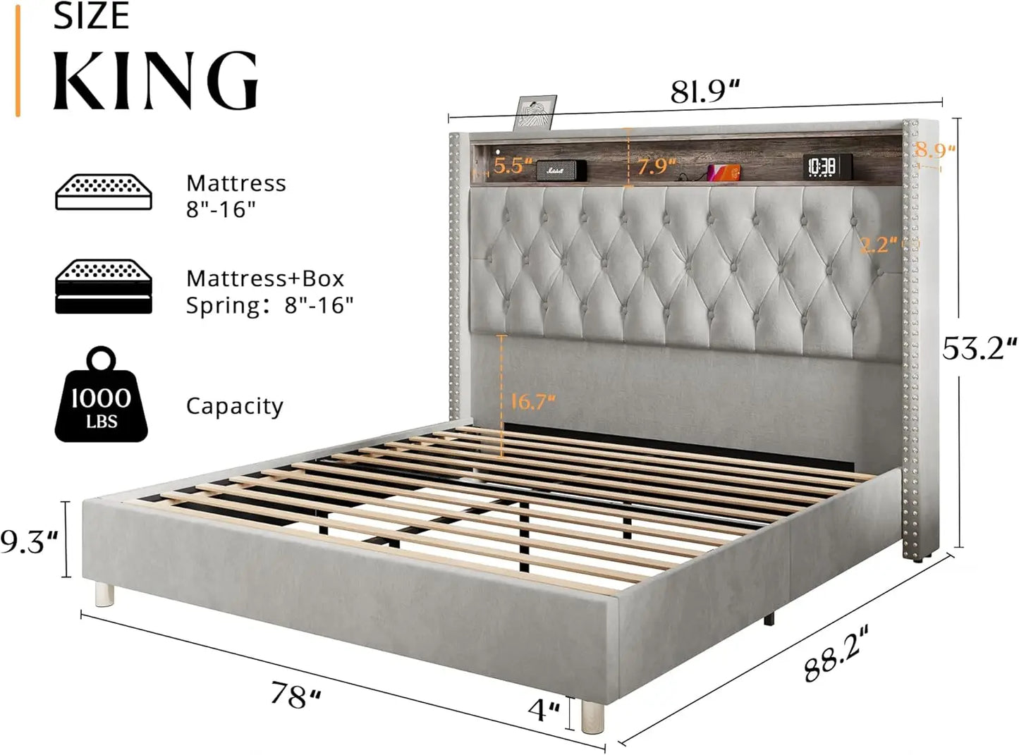King Bed Frame with Headboard LED Lights and Charging Station, Velvet Tall Upholstered Platform Bed Storage No Box Spring Needed