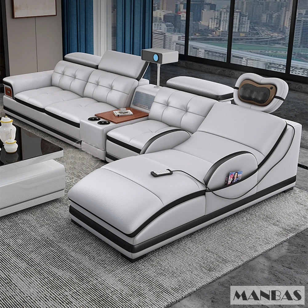 Bluetooth Speaker and Massage Italian Leather Sofa Set with USB, Cup Holder, Adjustable Headrests, Projector Living Room Couch