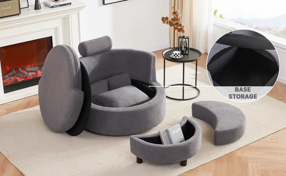 Round Oversized Swivel Barrel Chair with Base Storage for Living Room, 360°Modern Swivel Accent Chair with 3 Pillows for Home