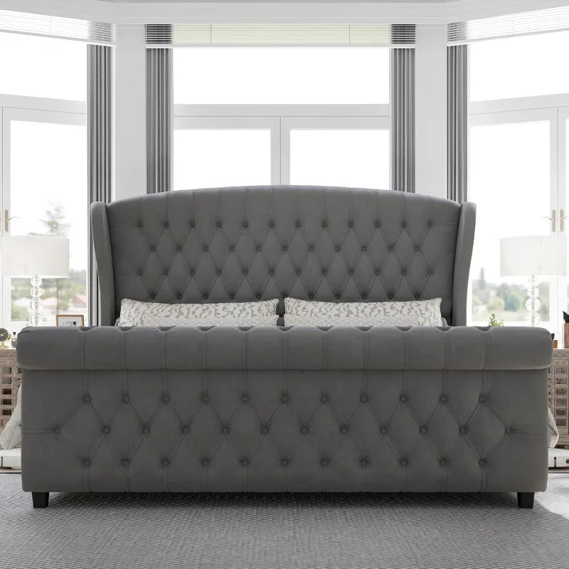 AMERLIFE King Size Platform Bed Frame, Chenille Upholstered Sleigh Bed with Scroll Wingback Headboard & Footboard/Button Tufted