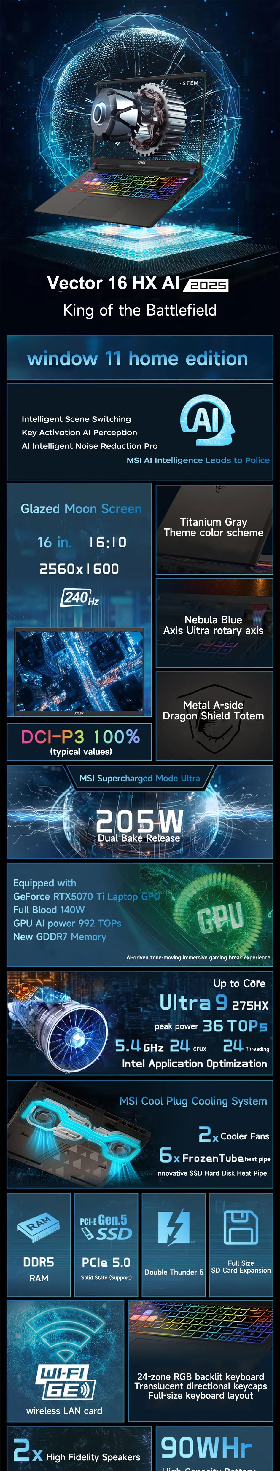 2025 MSI Vector 16 HX AI Gaming Laptop 16 Inch 2.5K 240Hz IPS Screen Netbook Ultra 9-275HX 32GB 1TB RTX5070Ti Netbook Computer