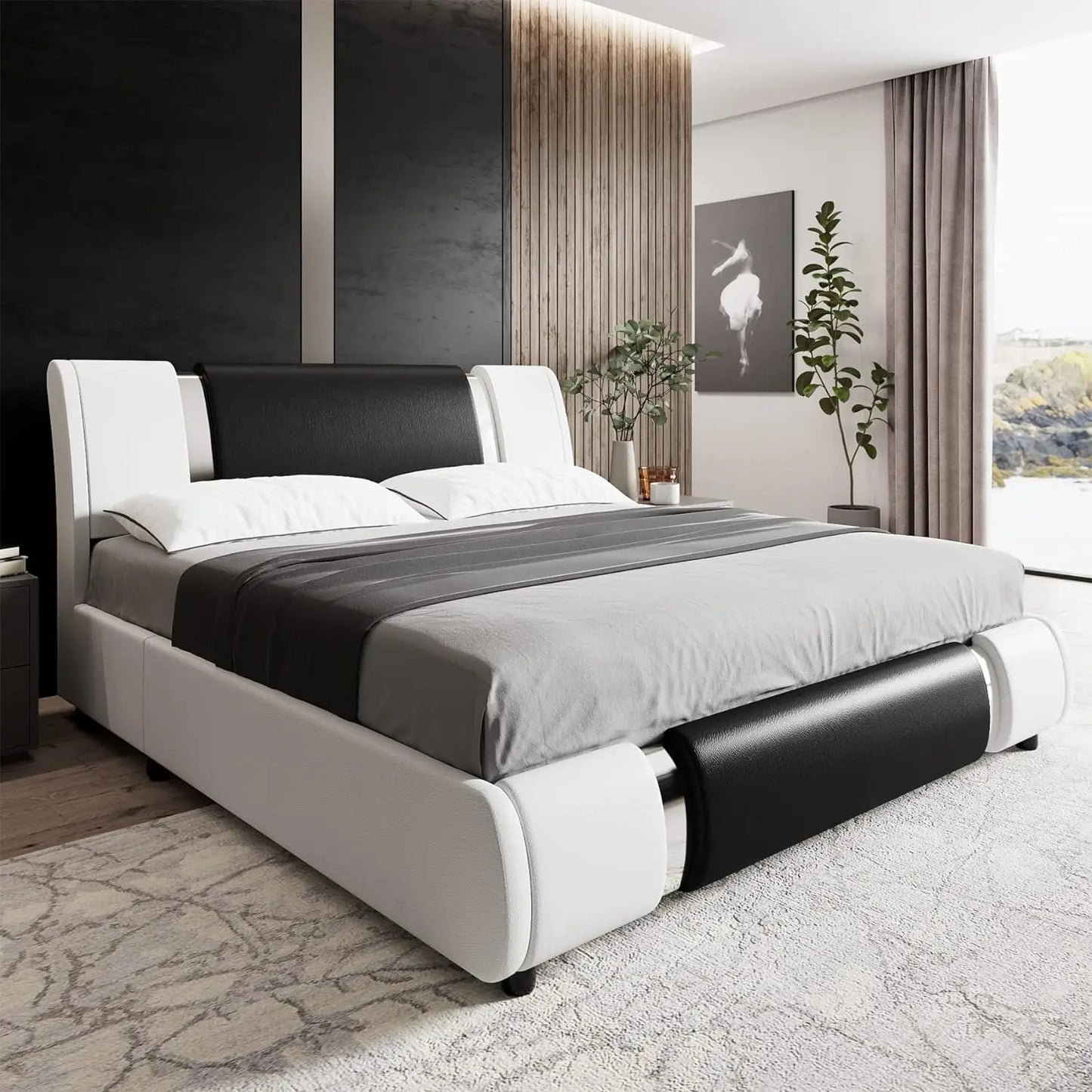 Modern Faux Leather Upholstered Platform Bed Frame with Golden Iron Metal Decor, Adjustable Curved Headboard, Queen Size, White
