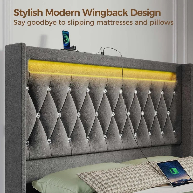 Double bed frame with LED lights and charging station, cushioned high headboard and footboard, wooden batten, no noise