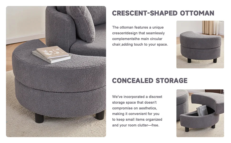 Round Oversized Swivel Barrel Chair with Base Storage for Living Room, 360°Modern Swivel Accent Chair with 3 Pillows for Home