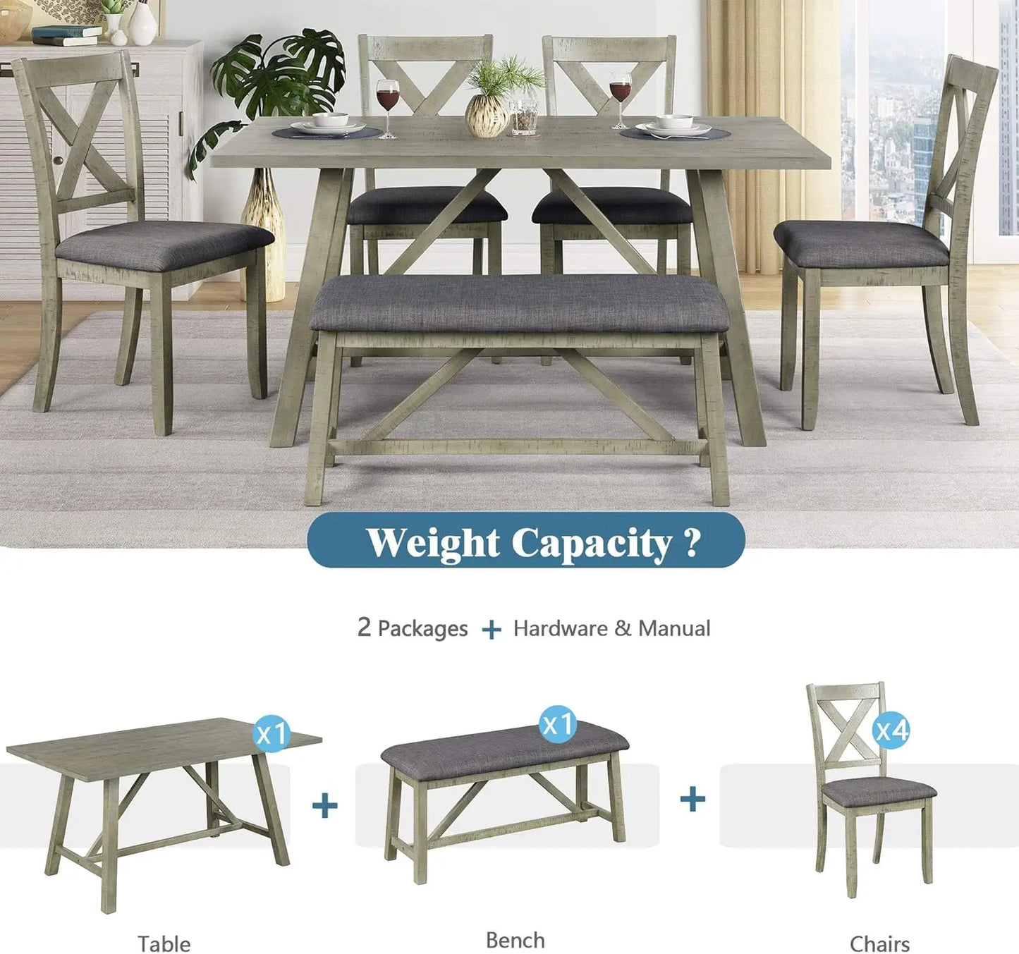 6 Pieces Dining Table Set with Bench, Rectangle Dining Table with 4 Upholstered Chairs & A Bench, Rubber Wood Dining Table Set