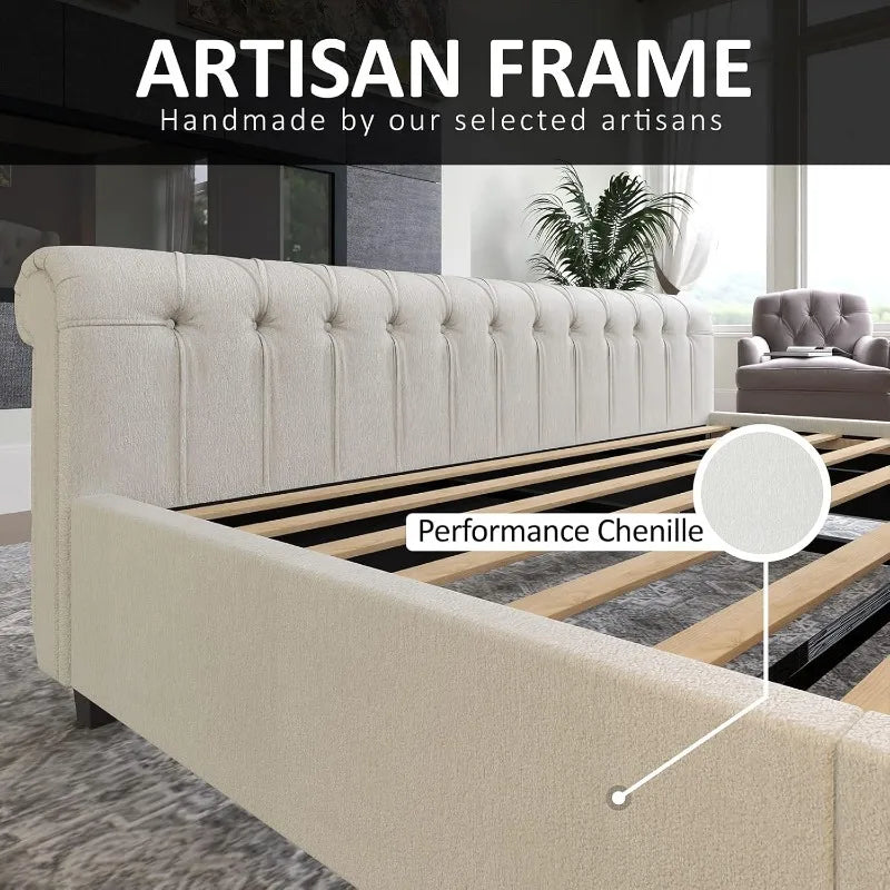AMERLIFE King Size Platform Bed Frame, Chenille Upholstered Sleigh Bed with Scroll Wingback Headboard & Footboard/Button Tufted