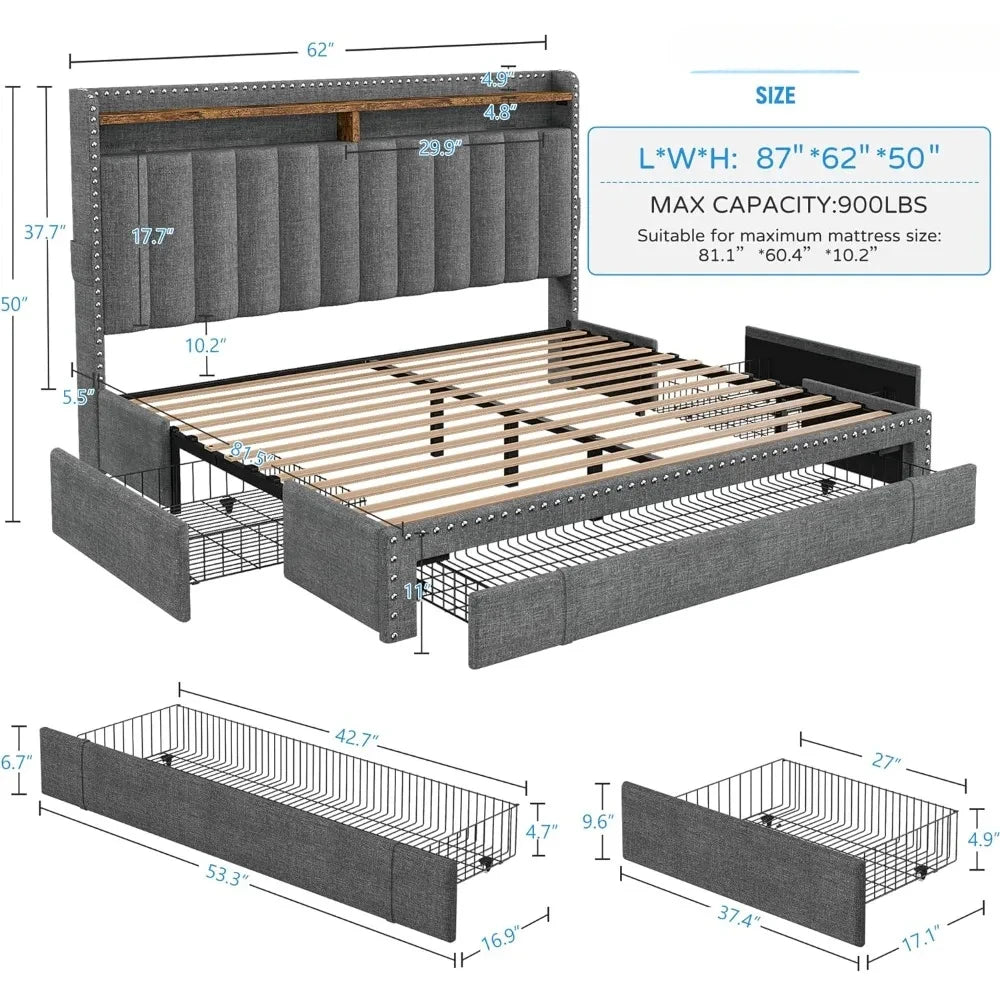 Bed Frame with 3 Storage Drawers,Queen Size Bed Frame with Headboard, Upholstered Platform Bed Frame Queen Size with Storage