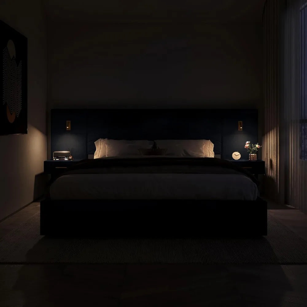 Luxury King Bed Frame with Built-in Gold LED Lights and Nightstands, King Size Platform Bed with Oversize Upholstered Headboard